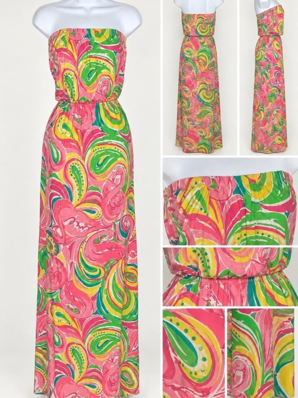 Lilly Pulitzer Strapless Paisley Maxi Dress in Pink & Green Sz Large